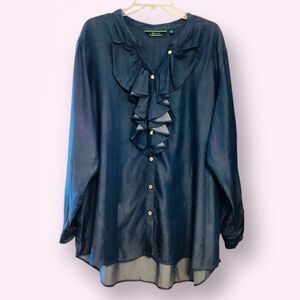 C. Wonder Blue Denim Chambray Ruffled Front Button Shirt Tunic 22W